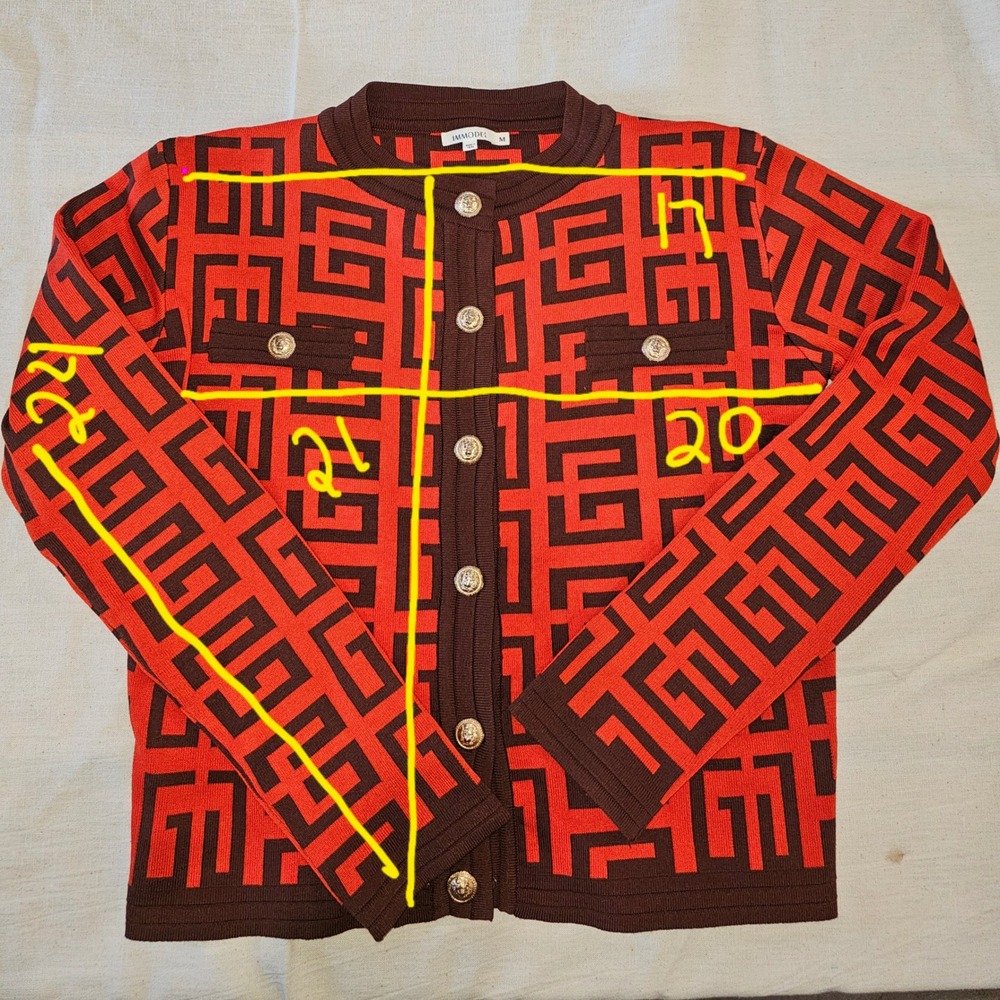 Orange Brown Designer Geometric Print Gold Button Front Cardigan Sweater Women M - Picture 5 of 8